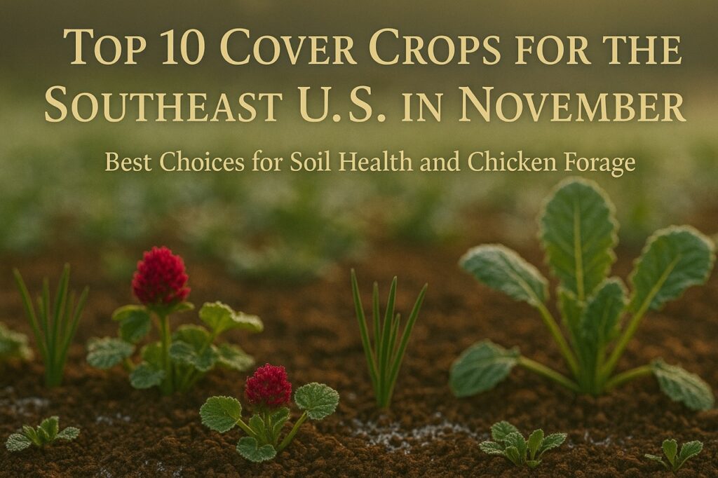Early morning garden with frost-kissed red clover, ryegrass, and daikon radish thriving in soil, with golden text reading “Top 10 Cover Crops for the Southeast U.S. in November – Best Choices for Soil Health and Chicken Forage.”