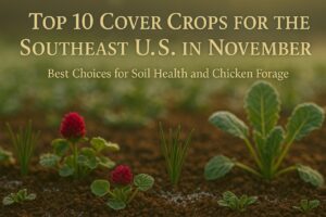 Early morning garden with frost-kissed red clover, ryegrass, and daikon radish thriving in soil, with golden text reading “Top 10 Cover Crops for the Southeast U.S. in November – Best Choices for Soil Health and Chicken Forage.”