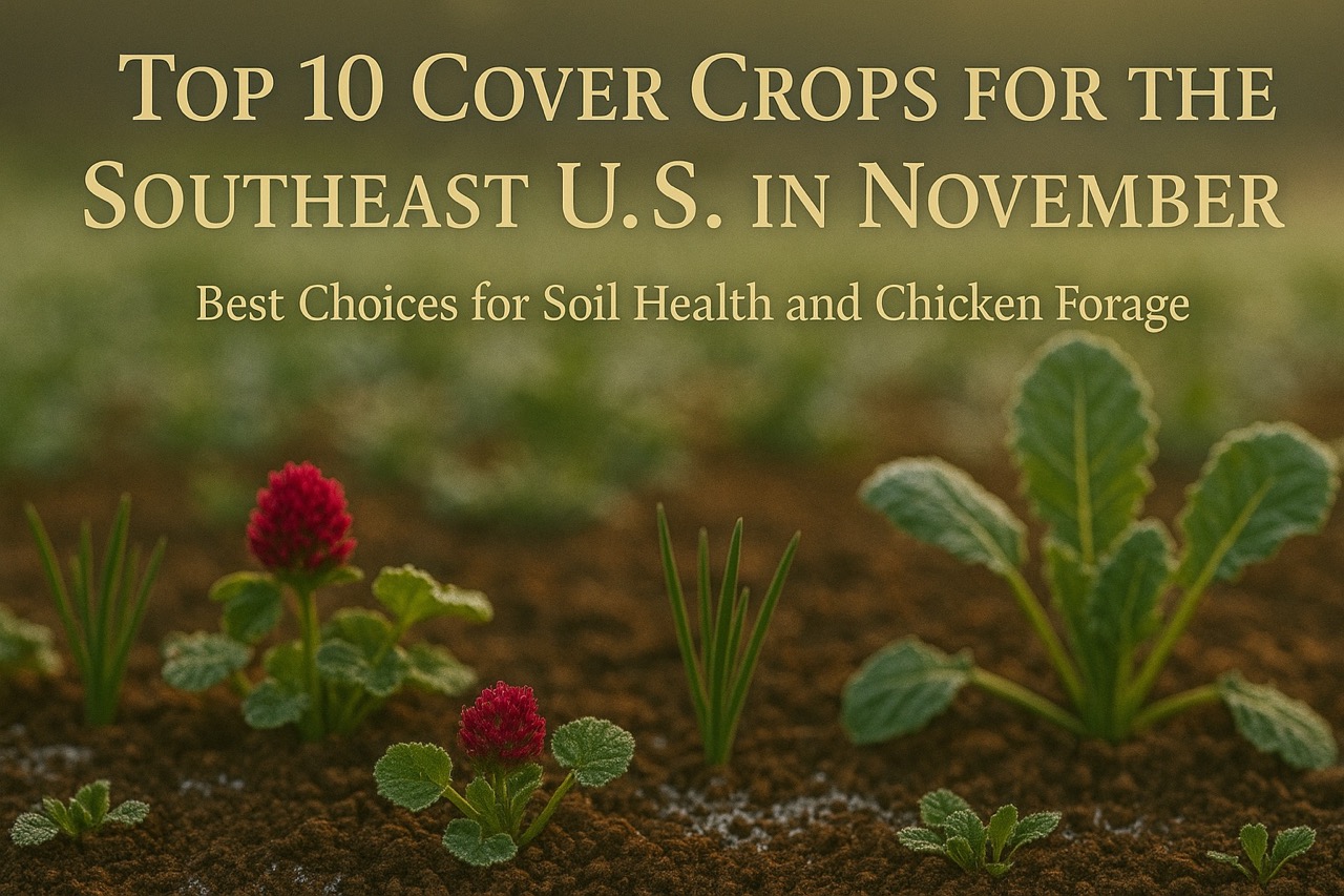 Early morning garden with frost-kissed red clover, ryegrass, and daikon radish thriving in soil, with golden text reading “Top 10 Cover Crops for the Southeast U.S. in November – Best Choices for Soil Health and Chicken Forage.”
