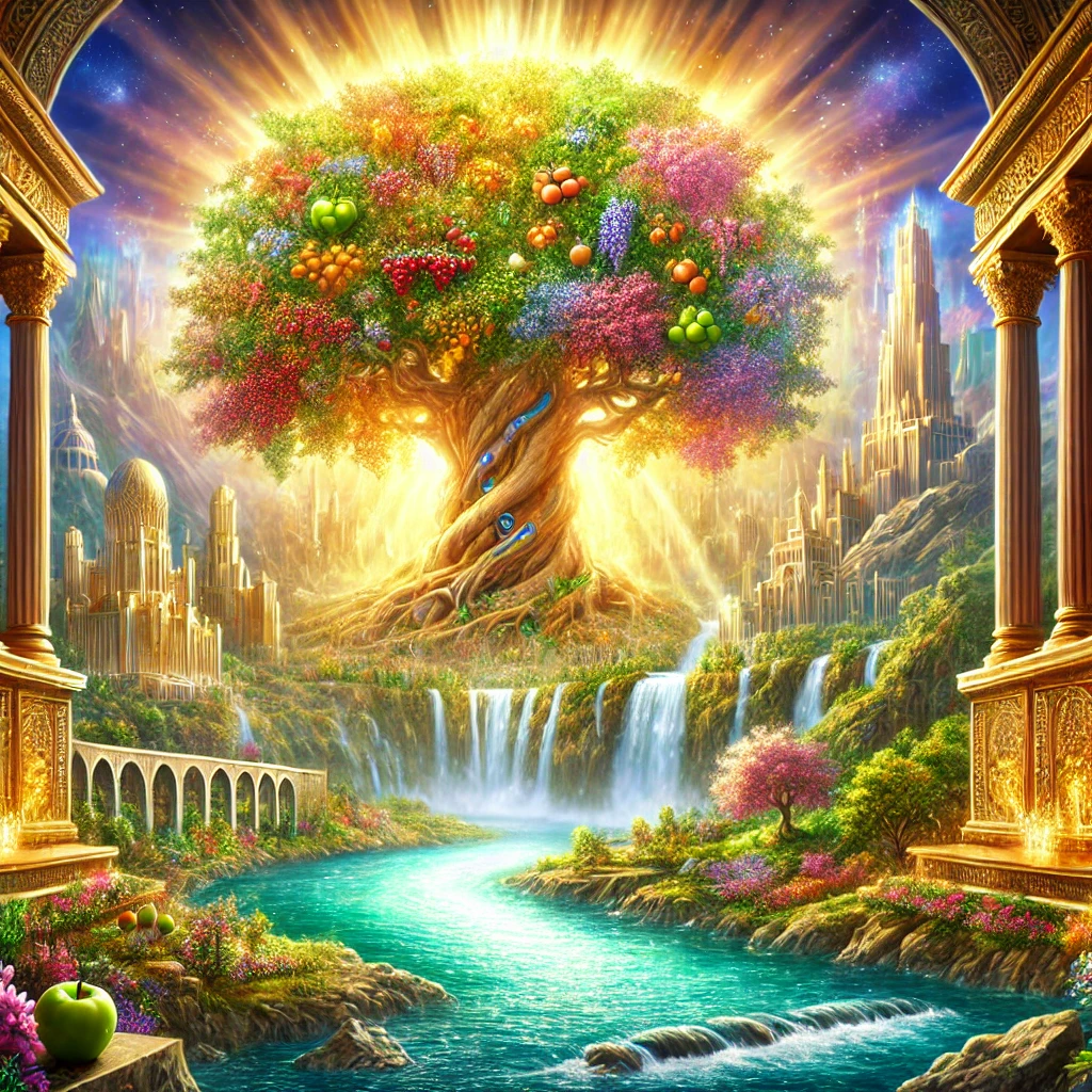 "Depiction of the Tree of Life in the New Jerusalem, growing on both sides of the crystal-clear River of Life. The tree bears twelve types of fruit and vibrant leaves for the healing of the nations, as described in Revelation 22:2."

