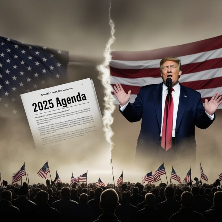 An image of Donald Trump speaking at a rally with a hazy document labeled “2025 Agenda” in the background, symbolizing speculation around his association with the term.