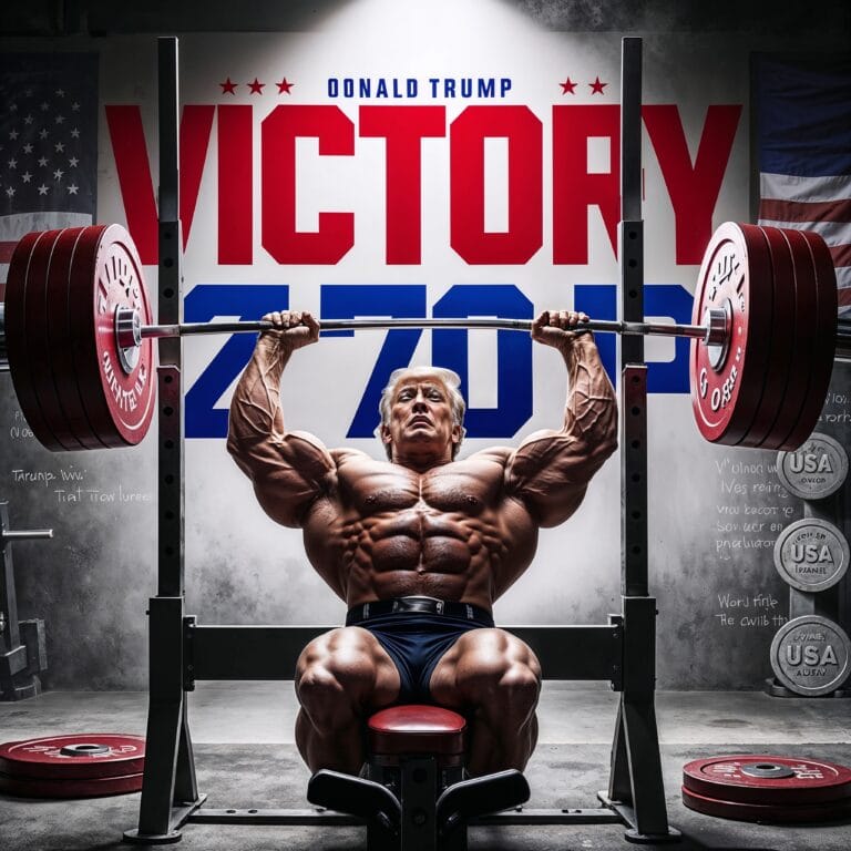 Buff Trump bench pressing 270 pounds in a gym with “VICTORY” caption and American flag details.