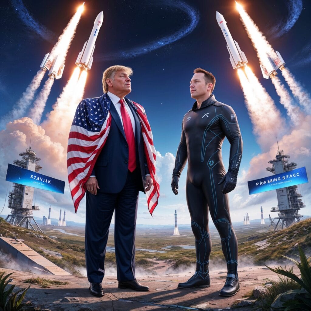 Donald Trump, muscular and draped in an American flag, stands with Elon Musk in a futuristic landscape with Starlink rockets launching into space.