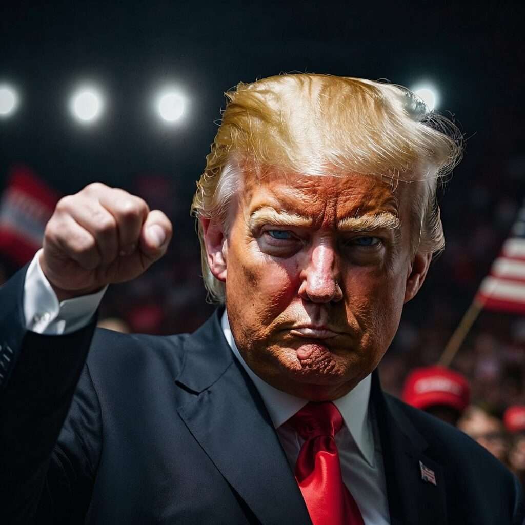 A close-up image of Donald Trump at a political rally, with a determined expression, raising his fist in a powerful gesture. The background features an American flag and enthusiastic supporters, highlighting the energy of his campaign event.