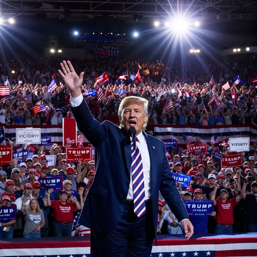 Donald Trump speaking on stage at a rally with a large crowd and American flags in the background.