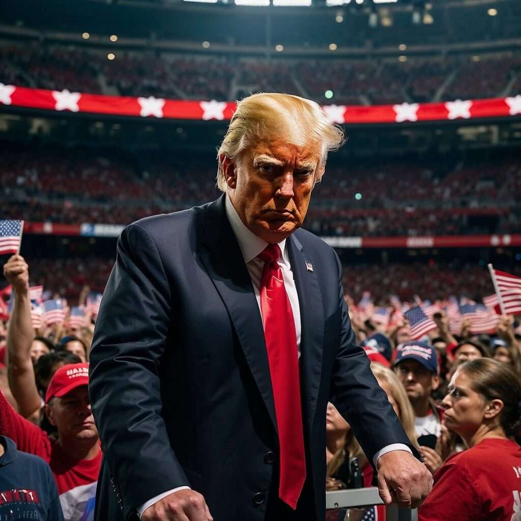 Donald Trump stands at the front of a rally, wearing a dark suit and red tie, with an intense expression as a crowd of supporters waving American flags fills the stadium. The energy of the event highlights his campaign style and connection with his base.