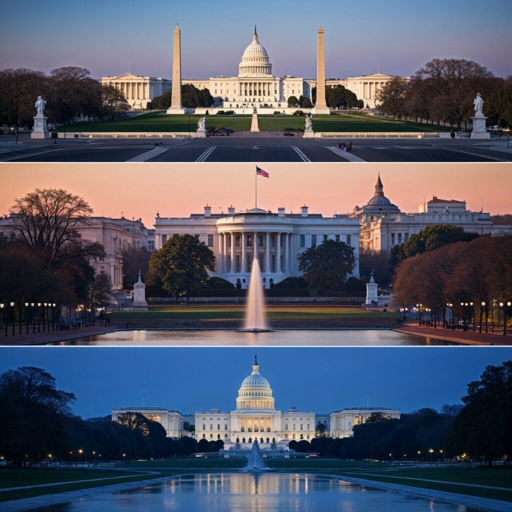 "Three views of Washington, D.C. landmarks: the U.S. Capitol and White House at dawn, sunset, and night, highlighting their iconic beauty and symbolism of governance."