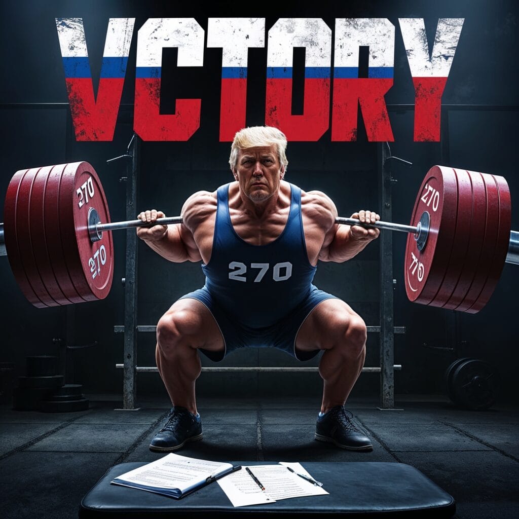 Muscular Trump squatting 270 pounds in a gritty gym with an American flag and “VICTORY” caption.