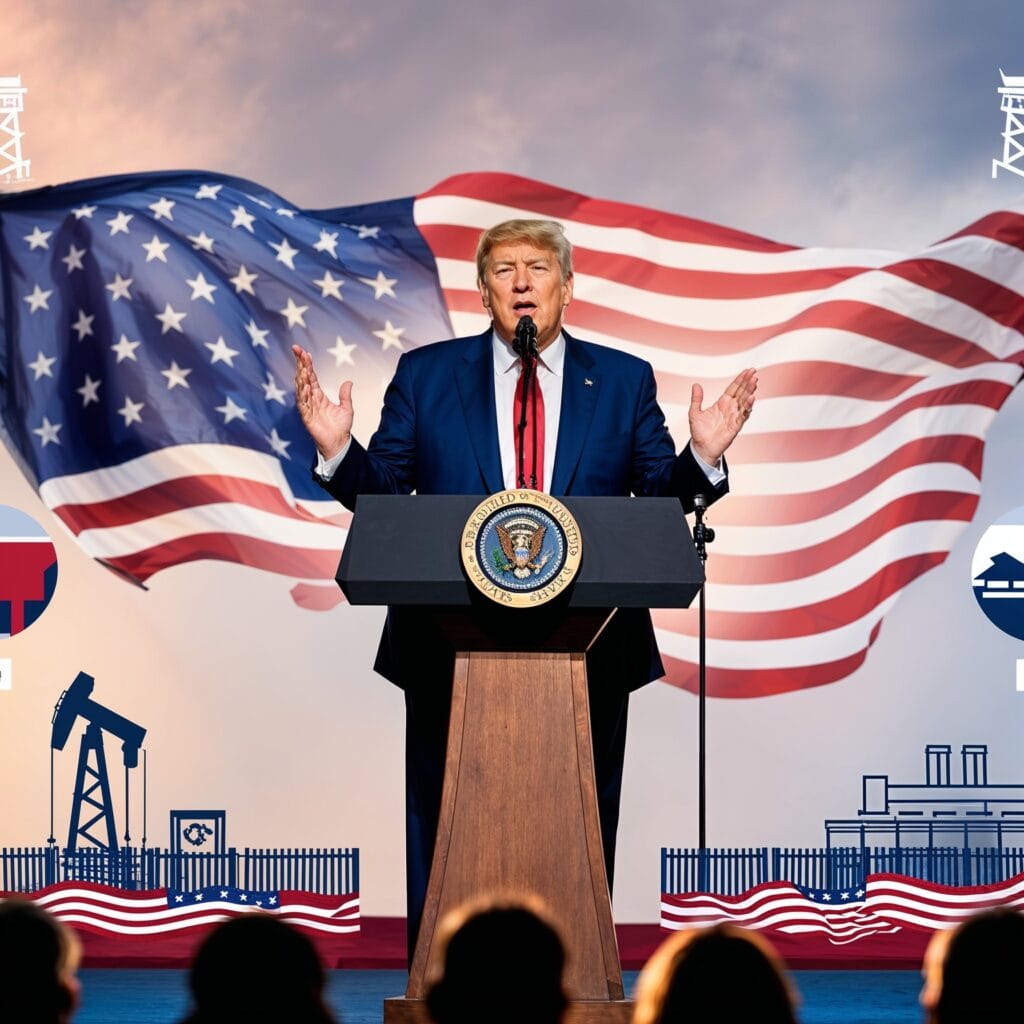 Donald Trump at a podium with an American flag backdrop, symbolizing his priorities from election to inauguration in 2025.