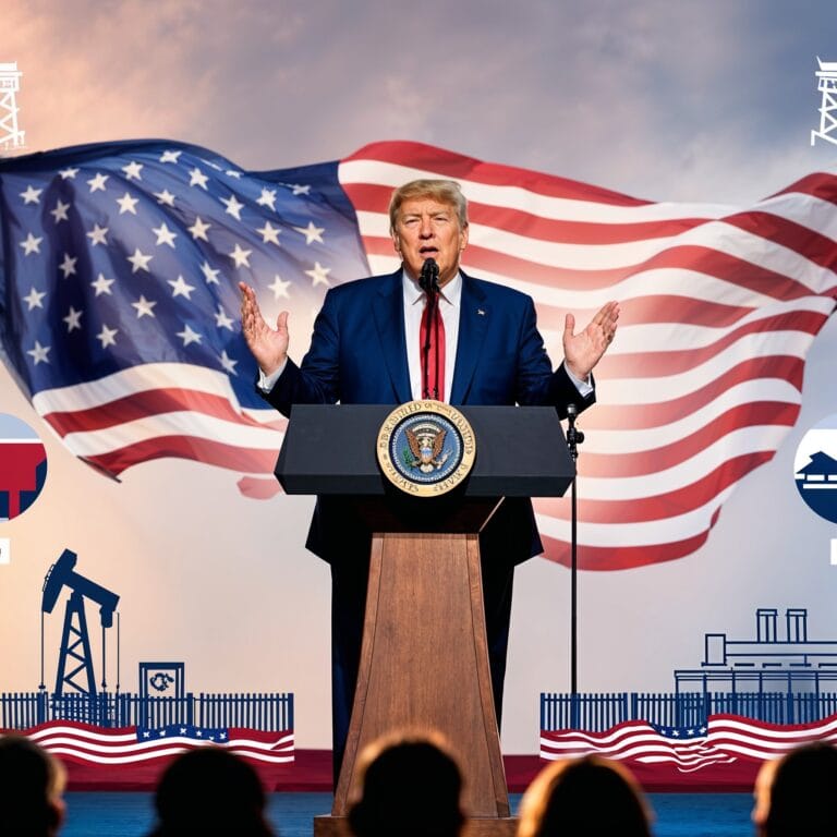 Donald Trump at a podium with an American flag backdrop, symbolizing his priorities from election to inauguration in 2025. lt Text: Donald Trump’s 2024 Transition Agenda highlights economic revival.