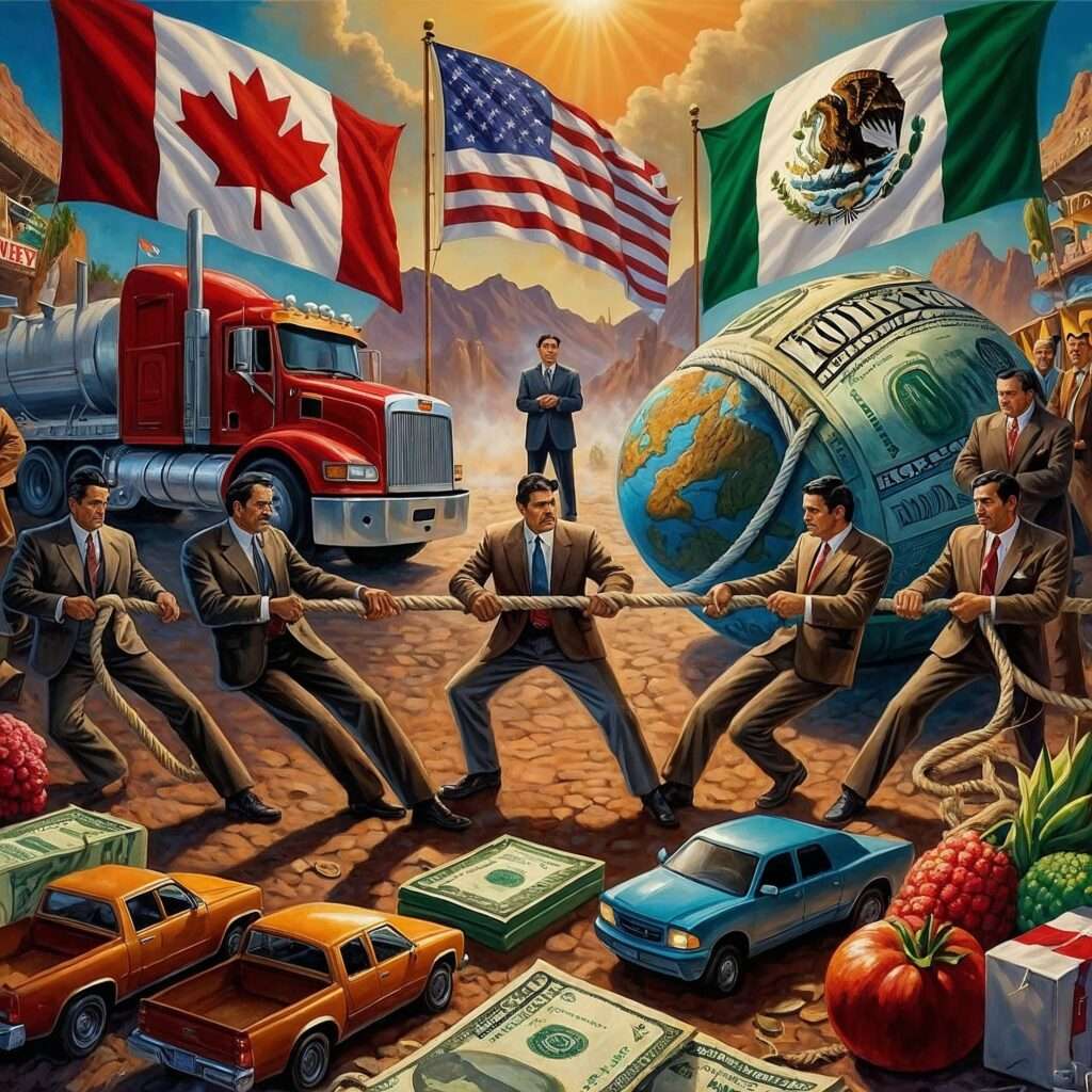 A metaphorical illustration of the U.S., Canada, and Mexico playing tug-of-war with a rope made of dollar bills, against a backdrop of key goods like cars, produce, and electronics.