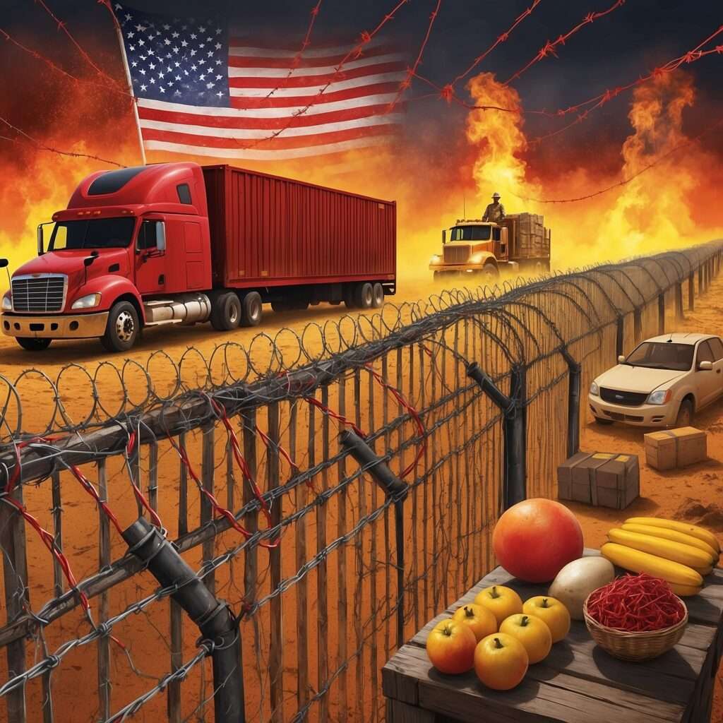 Dramatic depiction of the U.S.-Mexico border with barbed wire in the foreground and semi-transparent images of goods like cars and vegetables crossing. Red and yellow tones emphasize trade disputes and political tension."