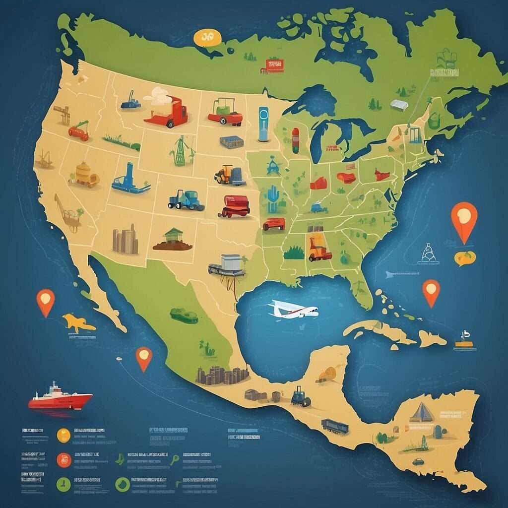 A detailed map of North America highlighting key industries and trade goods, including automobiles, agriculture, oil, and machinery, with visual markers connecting the U.S., Mexico, and Canada.