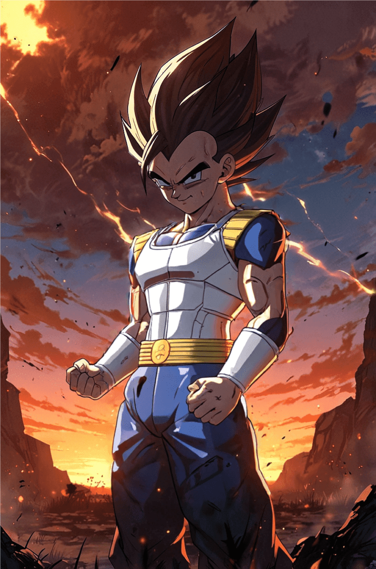 Vegeta, the Saiyan prince, standing confidently in his iconic white and gold Saiyan armor, against a fiery sunset and battle-scarred landscape in Dragon Ball Z.