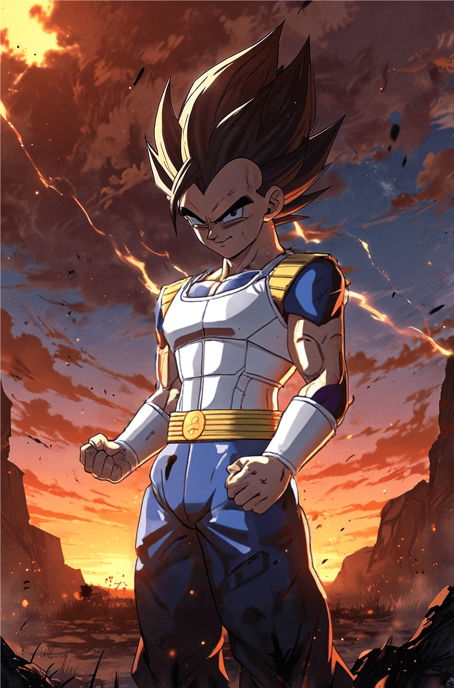 Vegeta, the Saiyan prince, standing confidently in his iconic white and gold Saiyan armor, against a fiery sunset and battle-scarred landscape in Dragon Ball Z.