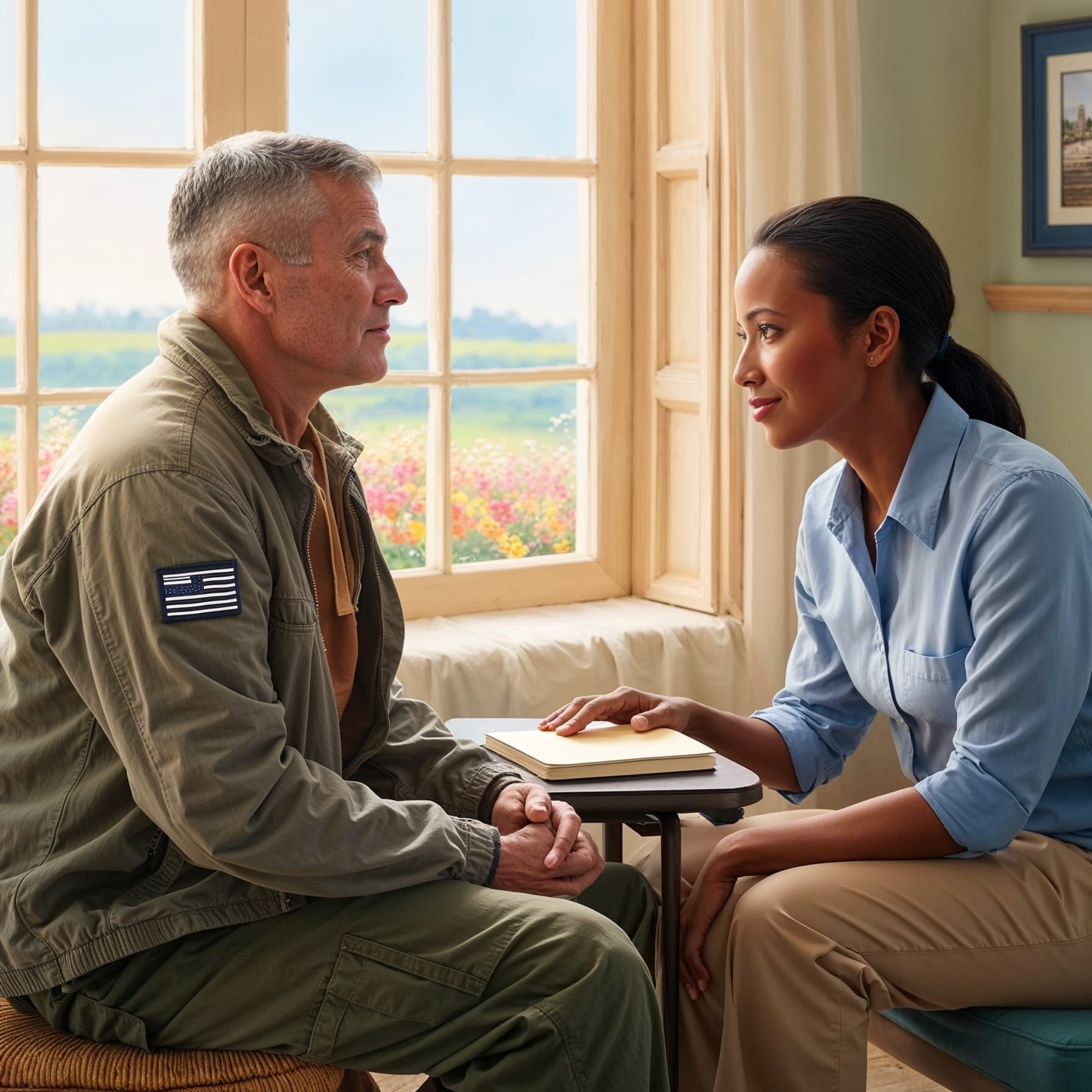 A veteran receiving counseling in a peaceful, sunlit room, symbolizing the mental health initiatives outlined in Pete Hegseth’s VA reform plan.