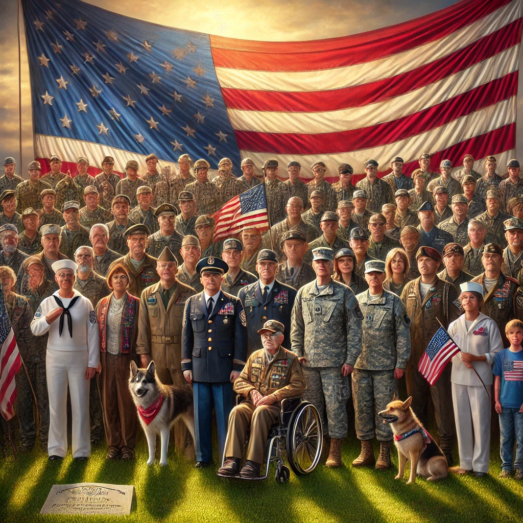 A diverse group of veterans standing united in front of a large American flag, symbolizing hope, unity, and inclusivity for the future of veterans’ care under Pete Hegseth’s VA reform.

