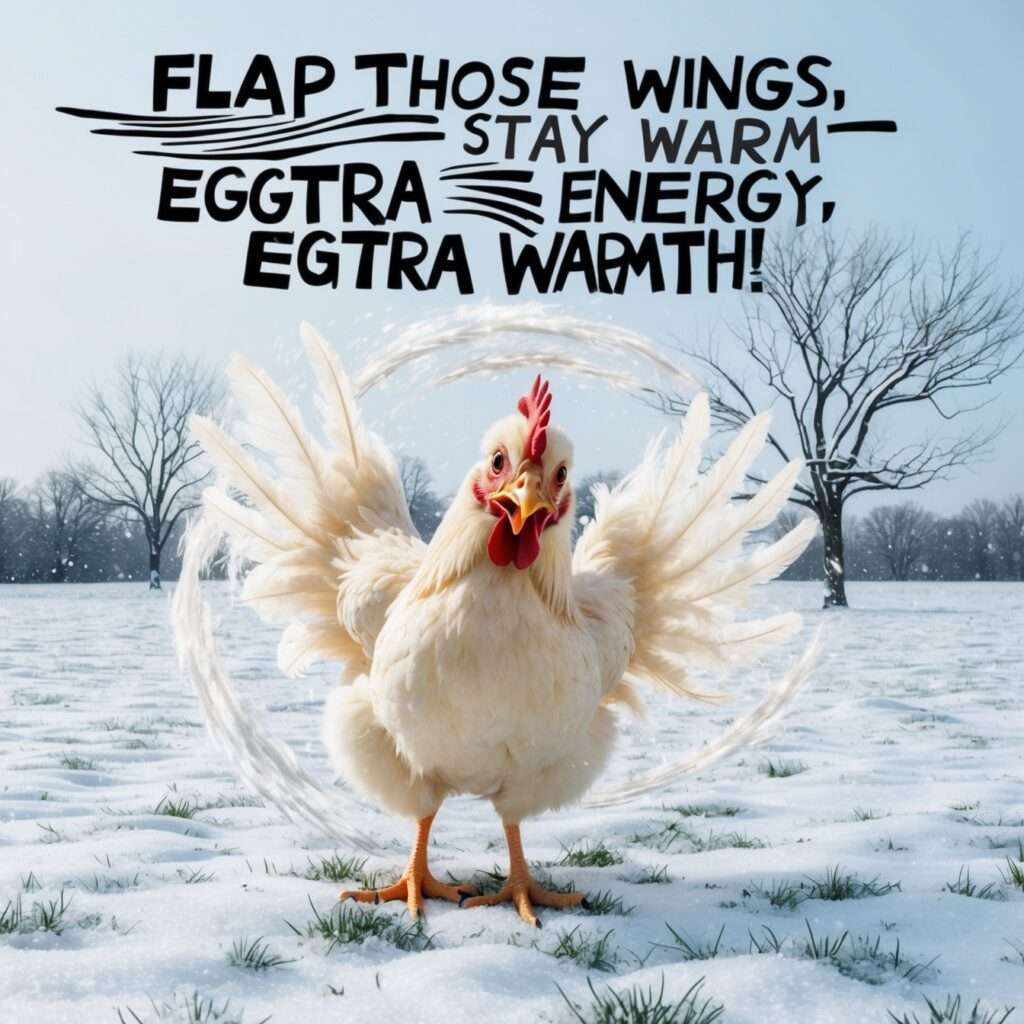 "A vibrant and energetic chicken standing at the center of a snowstorm, with flurries swirling around. The chicken exudes a sense of energy and resilience as it faces the cold, snowy environment."