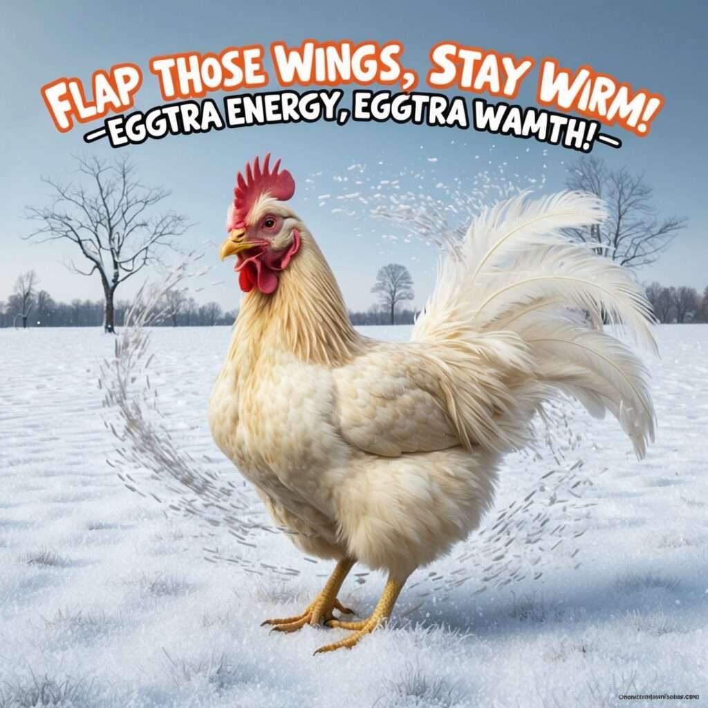 "A dynamic and energetic chicken standing proud at the center of a swirling snowstorm, its feathers fluffed up against the cold wind, showcasing a strong and resilient presence."