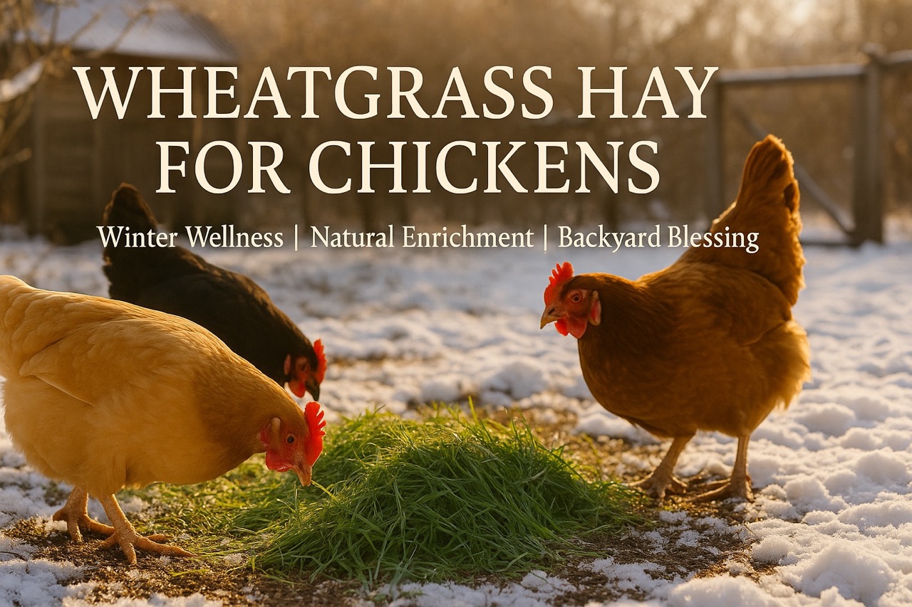 Three chickens peck at fresh wheatgrass hay in a snow-dusted winter run, visually representing natural enrichment and seasonal nutrition for backyard flocks.