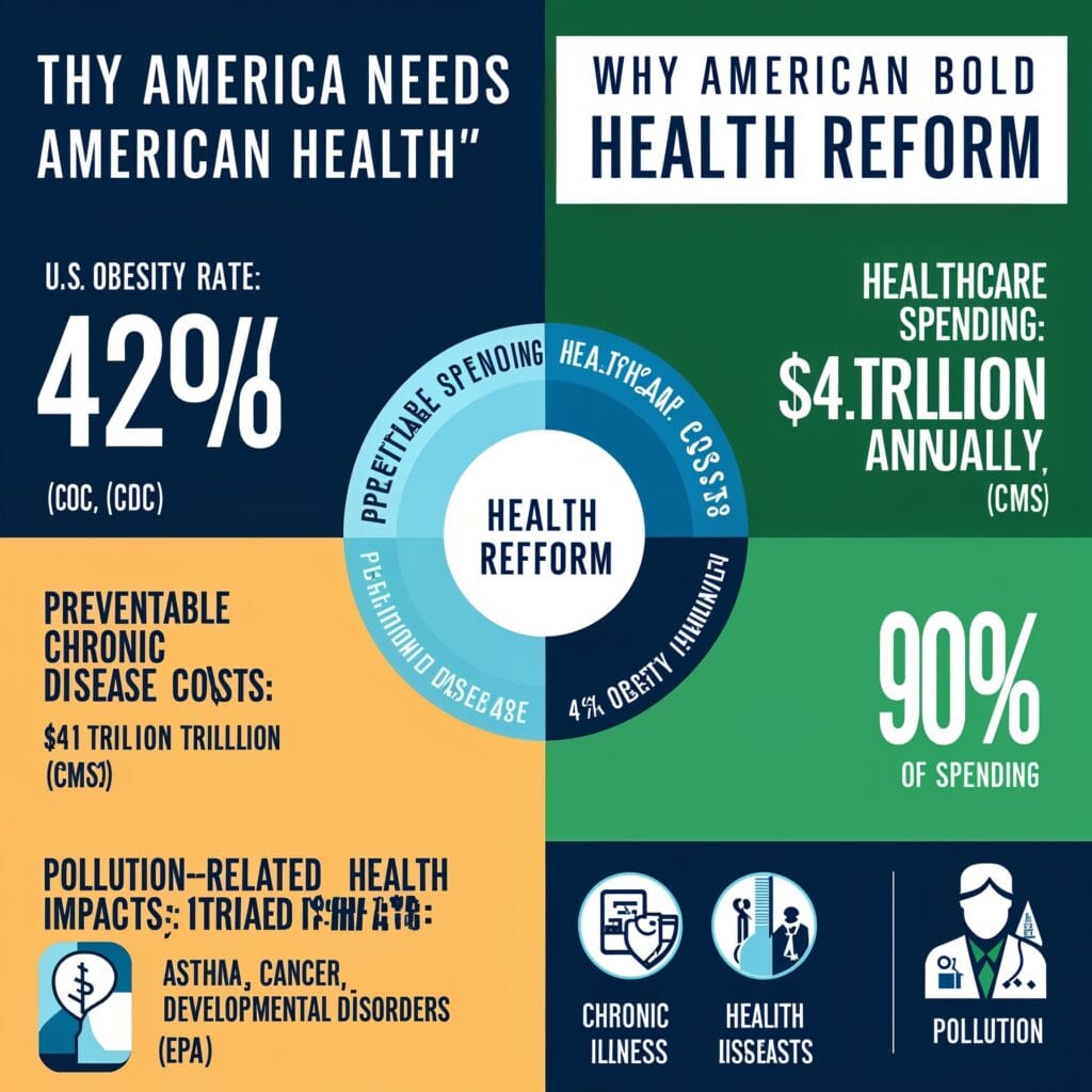 "Infographic showing key statistics about America's health crisis: obesity rate at 42%, healthcare spending at .1 trillion annually, 90% of spending on chronic diseases, and pollution-related health impacts."

