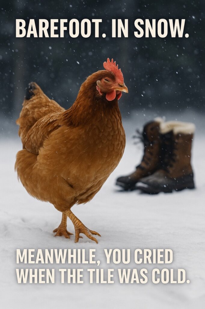A chicken walking barefoot through snow with winter boots in the background and the caption “Barefoot. In snow. Meanwhile, you cried when the tile was cold.”