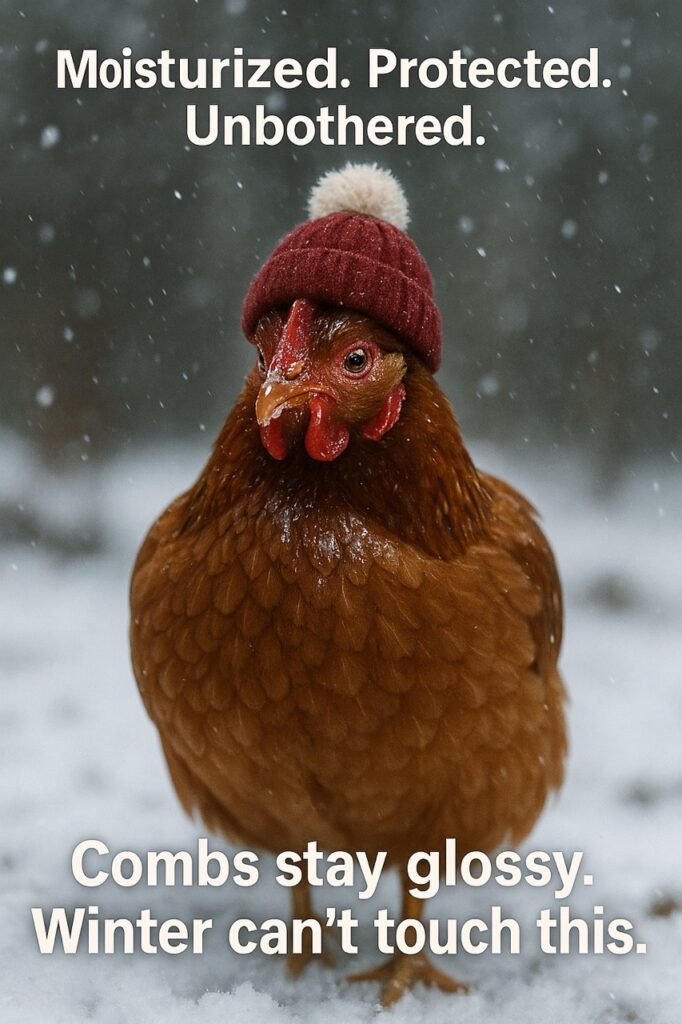 Chicken in a red beanie standing in snow with glossy, moisturized comb and wattles, wearing a confident expression.