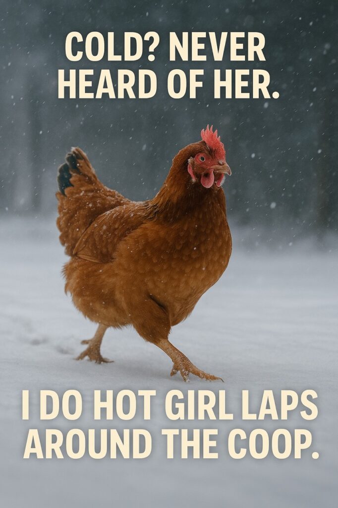 A confident chicken strutting through the snow, with bold text saying “Cold? Never heard of her. I do hot girl laps around the coop.”