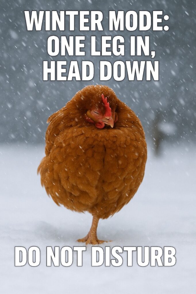 Fluffy brown chicken standing on one leg in falling snow with head tucked into feathers and the caption “Winter Mode: One Leg In, Head Down. Do Not Disturb.”