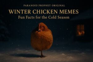 Photorealistic chicken standing on one leg in snow at night with gold text that reads “Winter Chicken Memes – Fun Facts for the Cold Season.”