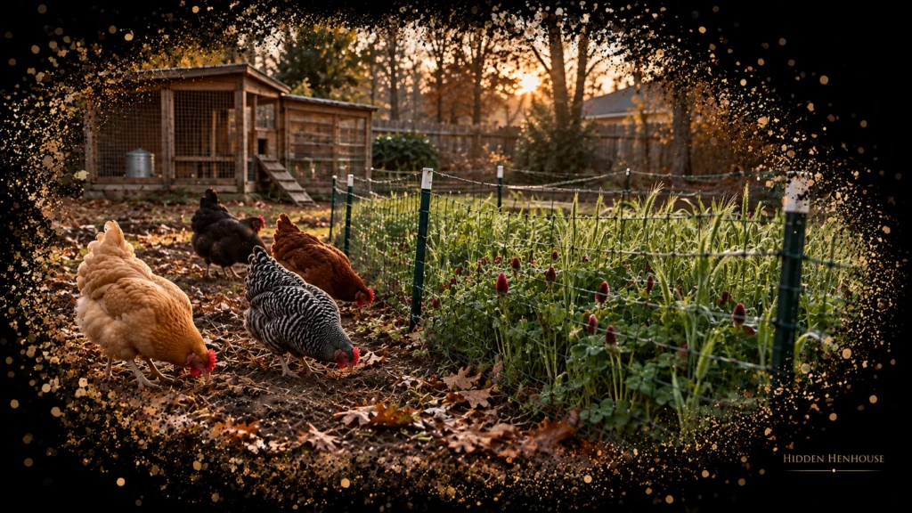 Chickens beside a fenced winter cover-crop planting in a backyard, illustrating protected establishment from flock pressure.