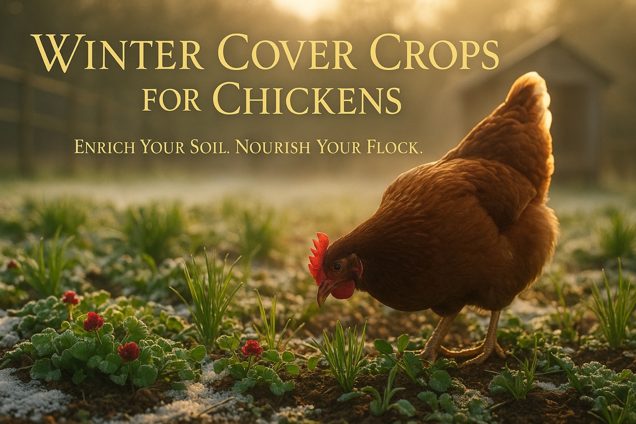 A reddish-brown hen foraging among frost-covered winter cover crops at sunrise, with golden text reading “Winter Cover Crops for Chickens – Enrich Your Soil. Nourish Your Flock.”