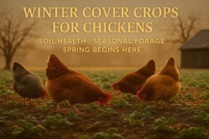Four chickens forage on a winter garden bed filled with frost-touched leafy cover crops, illustrating seasonal forage and sustainable soil health practices.
