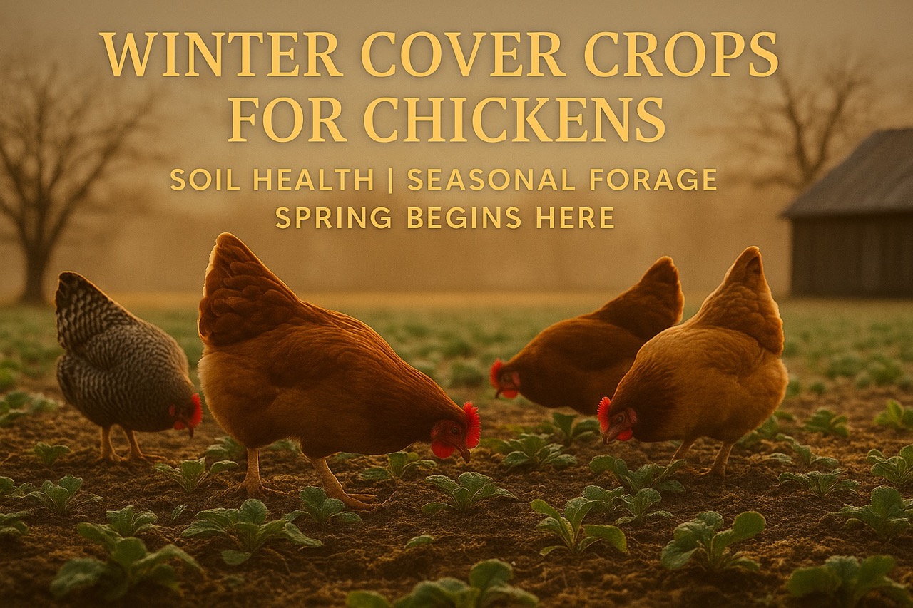 Four chickens forage on a winter garden bed filled with frost-touched leafy cover crops, illustrating seasonal forage and sustainable soil health practices.