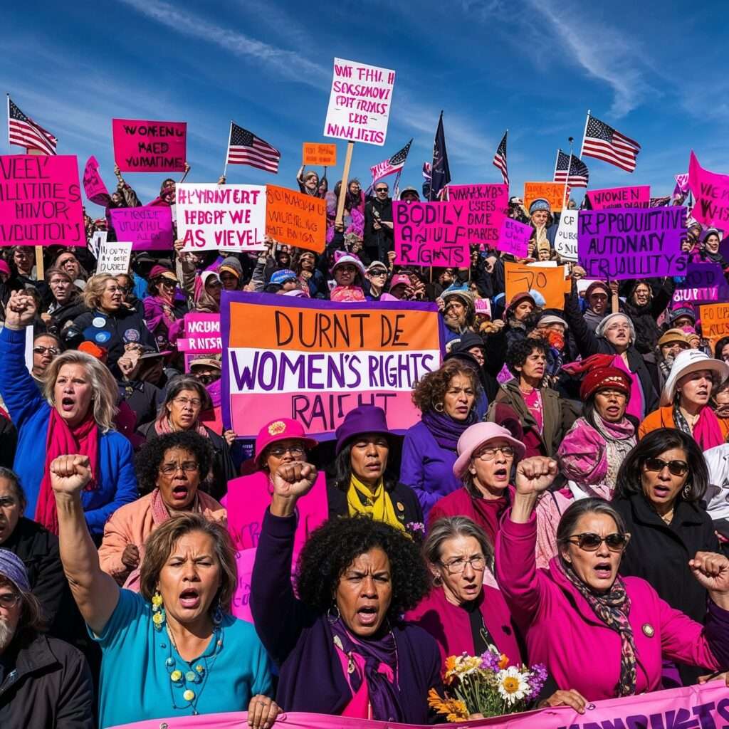 A large crowd of women holding colorful signs advocating for reproductive rights and women’s autonomy at a rally, with American flags in the background.

