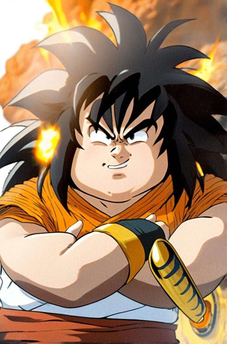 Yajirobe from Dragon Ball Z with his signature confident stance during the Saiyan Saga, wearing his orange gi and holding his katana.