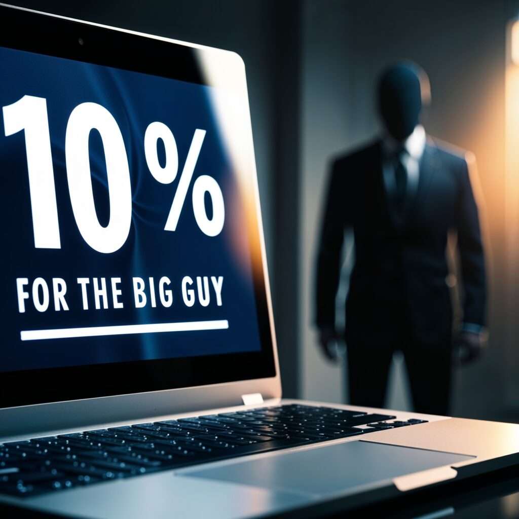 pardon implications for Joe Biden"A laptop screen displaying the phrase '10% for the Big Guy' with a shadowy figure in a suit standing in the background."