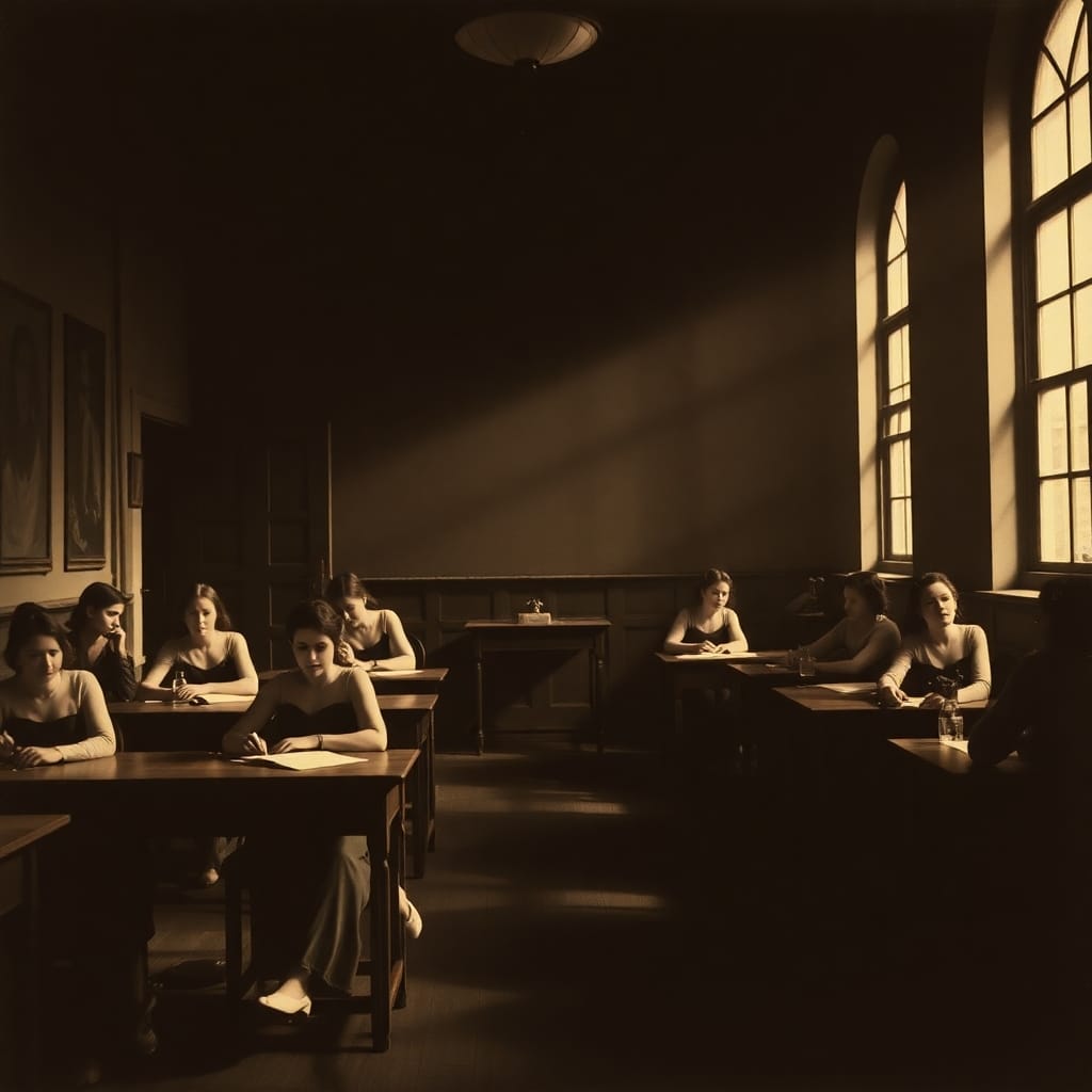 “19th-century classroom with students, dimly lit in chiaroscuro style, symbolizing Nikola Tesla’s early education and formative years.”

