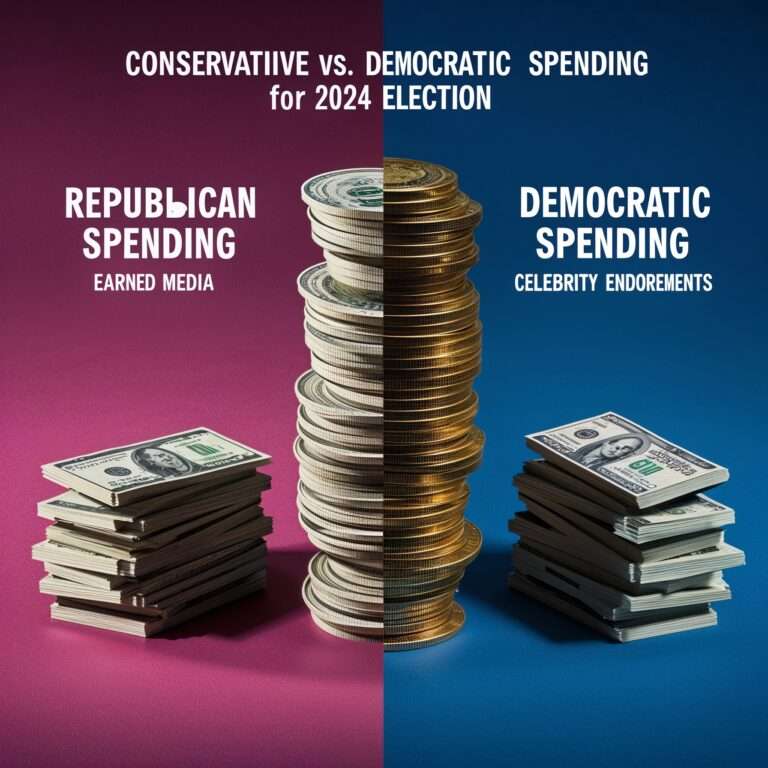 2024 election Celebrity Endorsements: 2024 election campaign spending split: Conservative vs. Democratic side, showing the financial contrast with Republican side representing family values and security, and Democratic side highlighting celebrity endorsements."