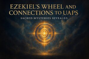 Glowing cosmic wheel within a wheel, representing Ezekiel’s biblical vision and divine multidimensional travel