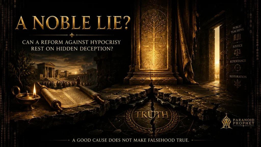Christian editorial banner asking whether a reform against hypocrisy can rest on hidden deception, showing an ancient reform scene beside a fractured foundation and broken truth seal.