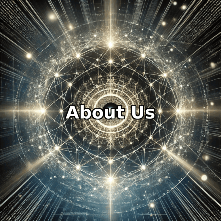 A futuristic design featuring a glowing central eye surrounded by intricate web-like lines, with the text 'About Us' in white with a black outline at the center, symbolizing interconnected truths and the convergence of technology and spirituality.