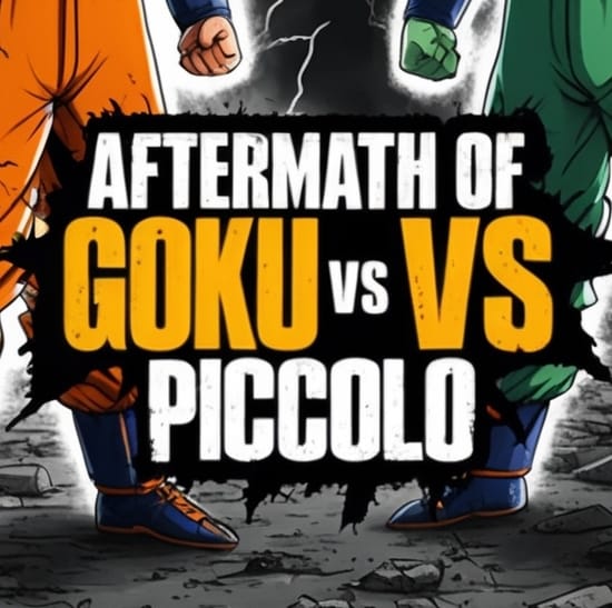 "Aftermath of Goku vs Piccolo Battle text graphic, featuring bold anime-inspired font with contrasting orange and white colors. The design includes silhouettes of Goku and Piccolo for dramatic effect."