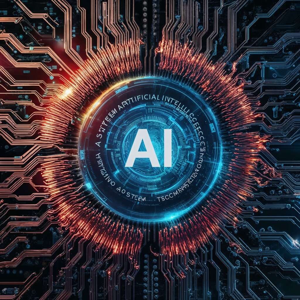 A glowing digital circuit with the word "AI" at the center, symbolizing AI using AI to improve efficiency and collaboration in a futuristic setting.