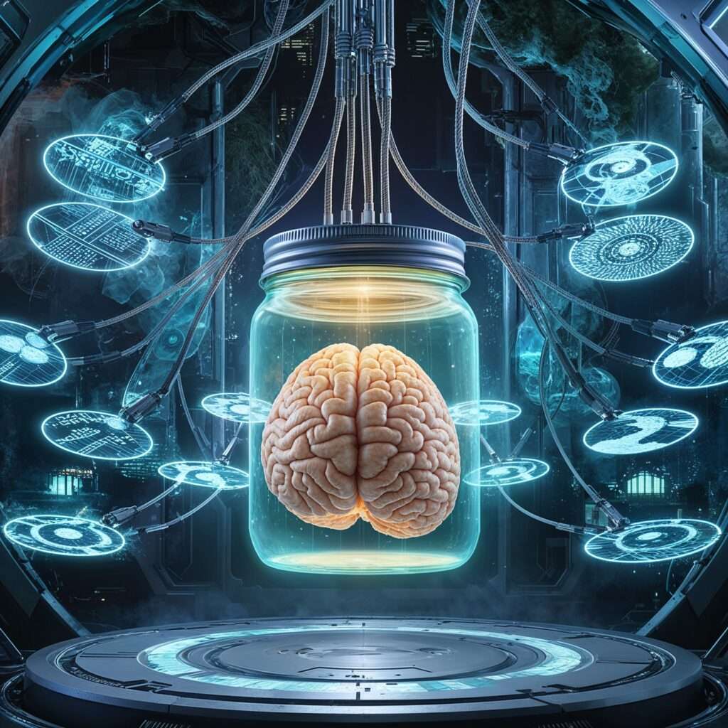 A futuristic glowing jar housing a monkey brain, connected to AI platforms via Neuralink cables, symbolizing AI using AI to improve content creation.