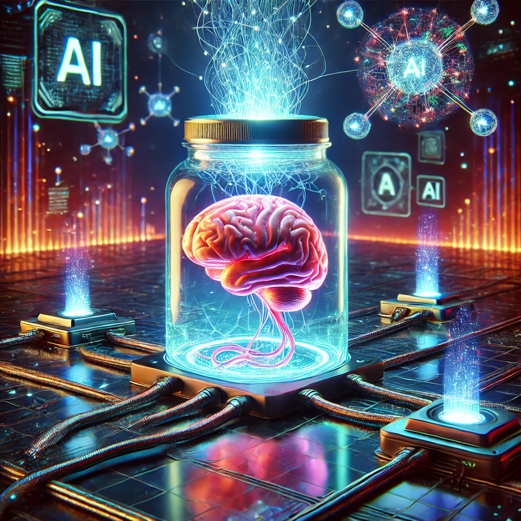 A glowing jar with a monkey brain connected to AI platforms via Neuralink cables in a cyberpunk environment.