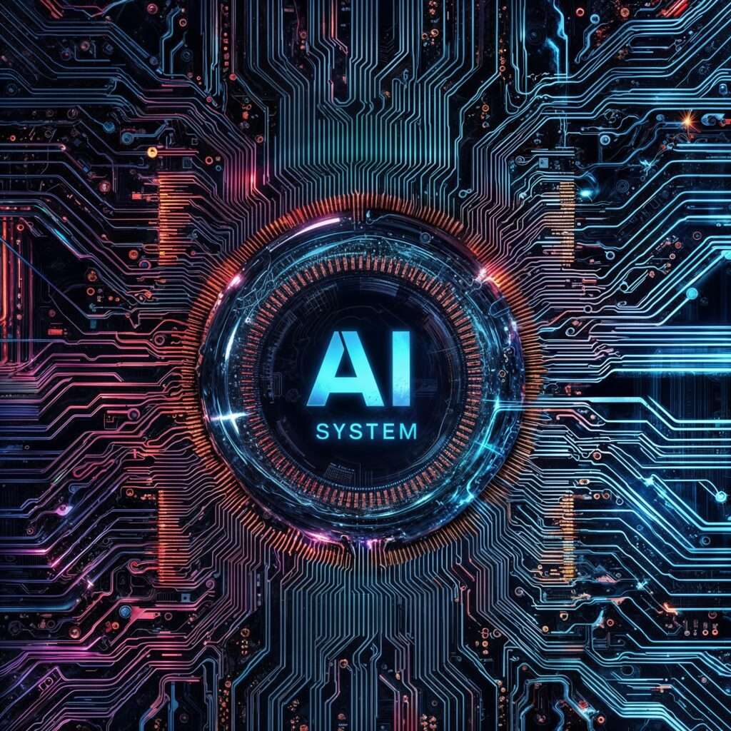 A glowing AI system embedded in a futuristic digital circuit with neon blue and orange lights, symbolizing advanced AI system collaboration and interconnected technology.