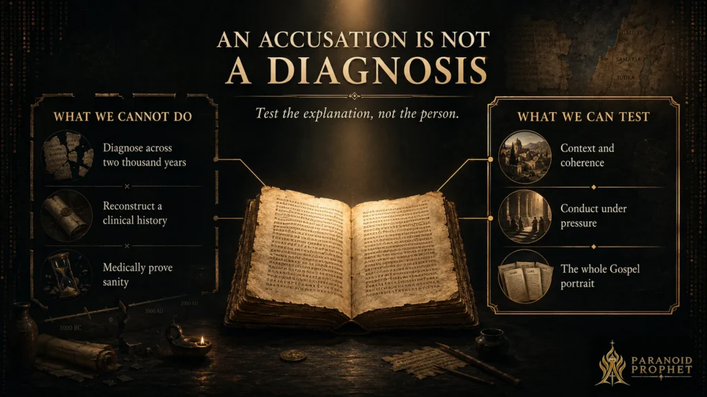 Christian editorial banner explaining that Jesus cannot be clinically diagnosed across two thousand years, but the self-deception theory can be tested against historical context, conduct under pressure, narrative coherence, and the whole Gospel portrait.