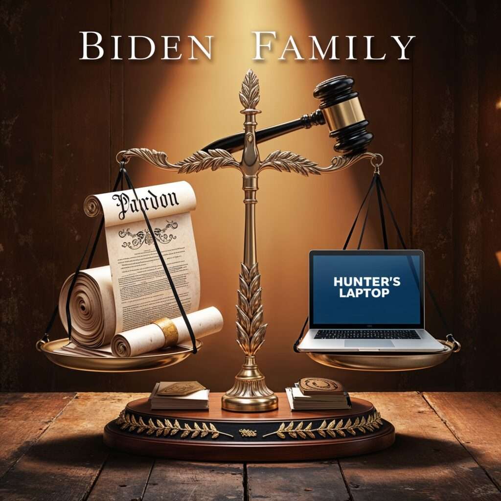 "Scales of justice balancing a presidential pardon scroll and a laptop labeled 'Hunter's Laptop,' symbolizing the Biden family's legal and political scrutiny."