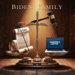 "Scales of justice balancing a presidential pardon scroll and a laptop labeled 'Hunter's Laptop,' symbolizing the Biden family's legal and political scrutiny."